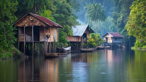 wooden houses on stilts along a tropical river
