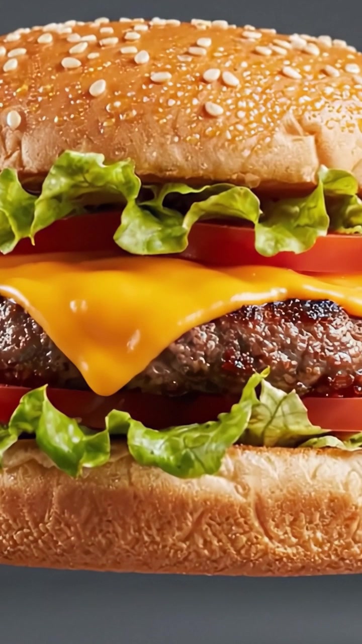 Cheeseburger Deliziosamente Succoso con Lattuga Fresca, Pomodori e Formaggio Fuso, Perfettamente Stratificato su un Panino Tostato ai Semi di Sesamo per un'Esperienza di Sapore Irresistibile.