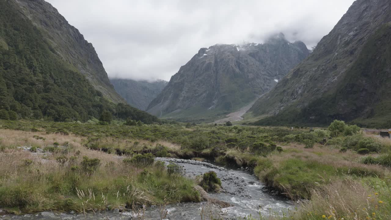 Vista della valle di Monkey Creek durante una giornata nuvolosa in Fiordland, Nuova Zelanda