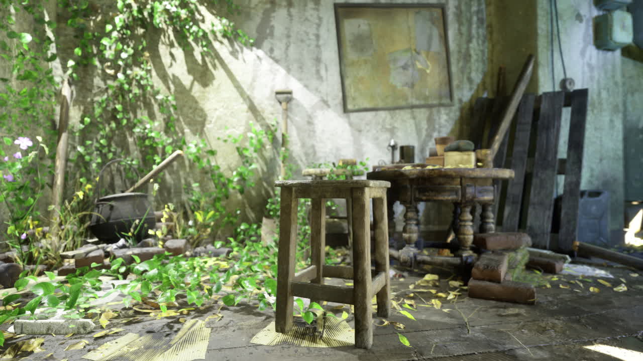 Abandoned interior with wooden furniture and overgrown greenery in daylight