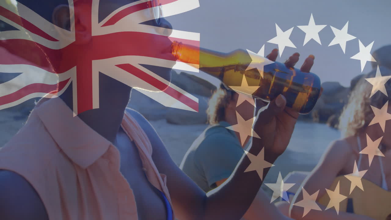 Animation overlay of Union Jack and stars, people drinking at beach party