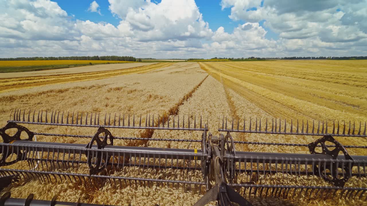 Details of a modern combine harvester. Close-up. Agricultural machine works in the wheat field. Harvesting crop. The concept of agronomy.
