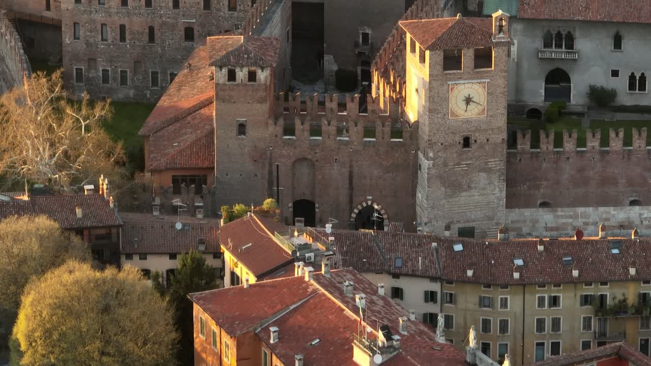 Aerial close Forward Drone Shot toward Verona's Castelvecchio Bell Tower - Not Graded
