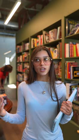 young woman in a modern library