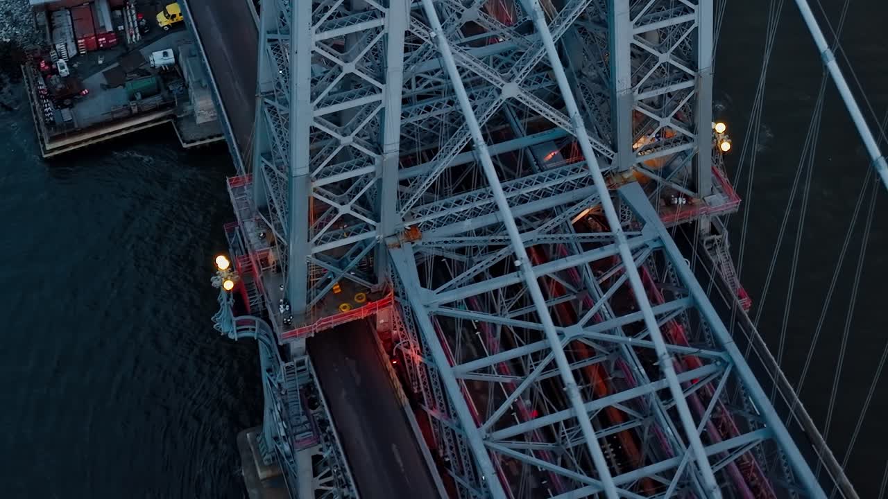 Overhead aerial of Williamsburg Bridge traffic lanes