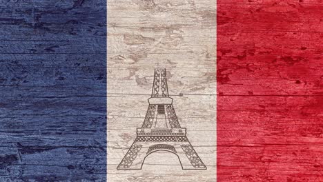 에펠탑의 애니메이션은 프랑스 발이 그려진 나무 테이블에 새겨져 있습니다. art.line art.travel to france.tour eiffel paris