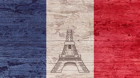 animation of the eiffel tower scratched into a wooden table painted with the french flag.line art.travel to france.tour eiffel paris