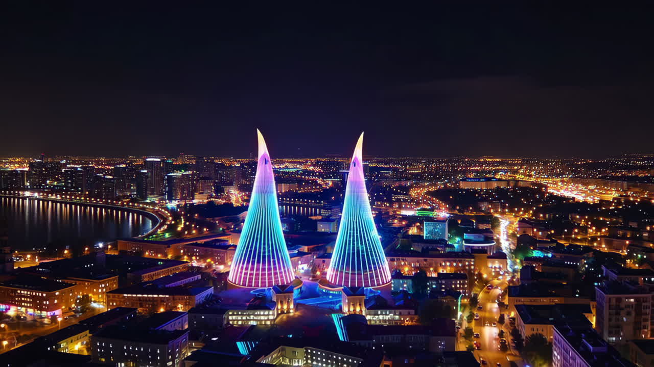 Night View of Illuminated City Towers