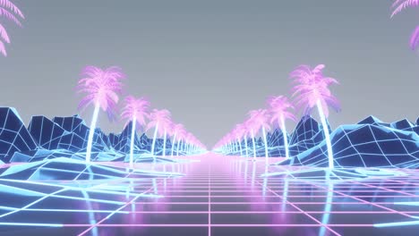 retro synthwave background. camera moves along the synthwave wireframe net