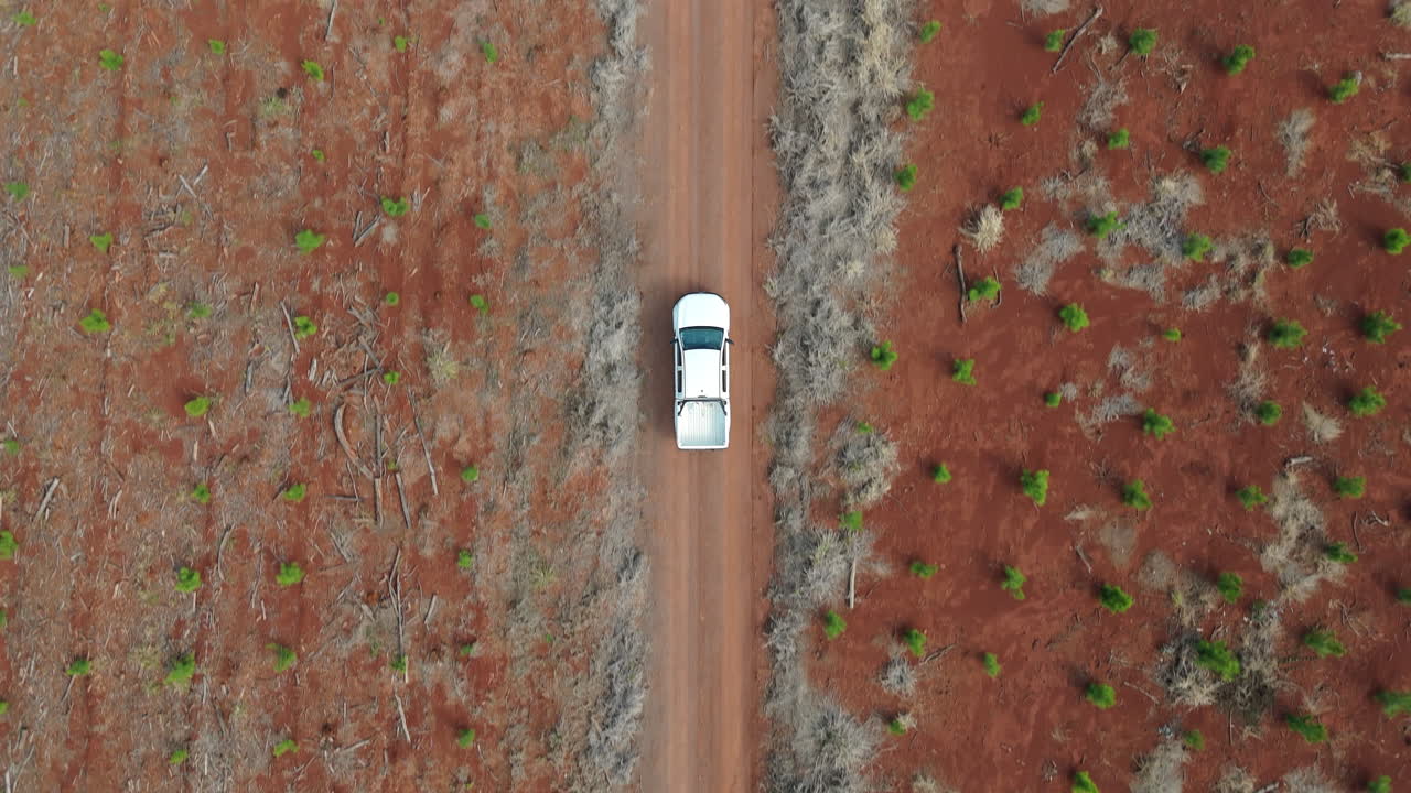 A dirt road cutting through forested and deforested areas, human activity in nature, drone top down tracking follows truck