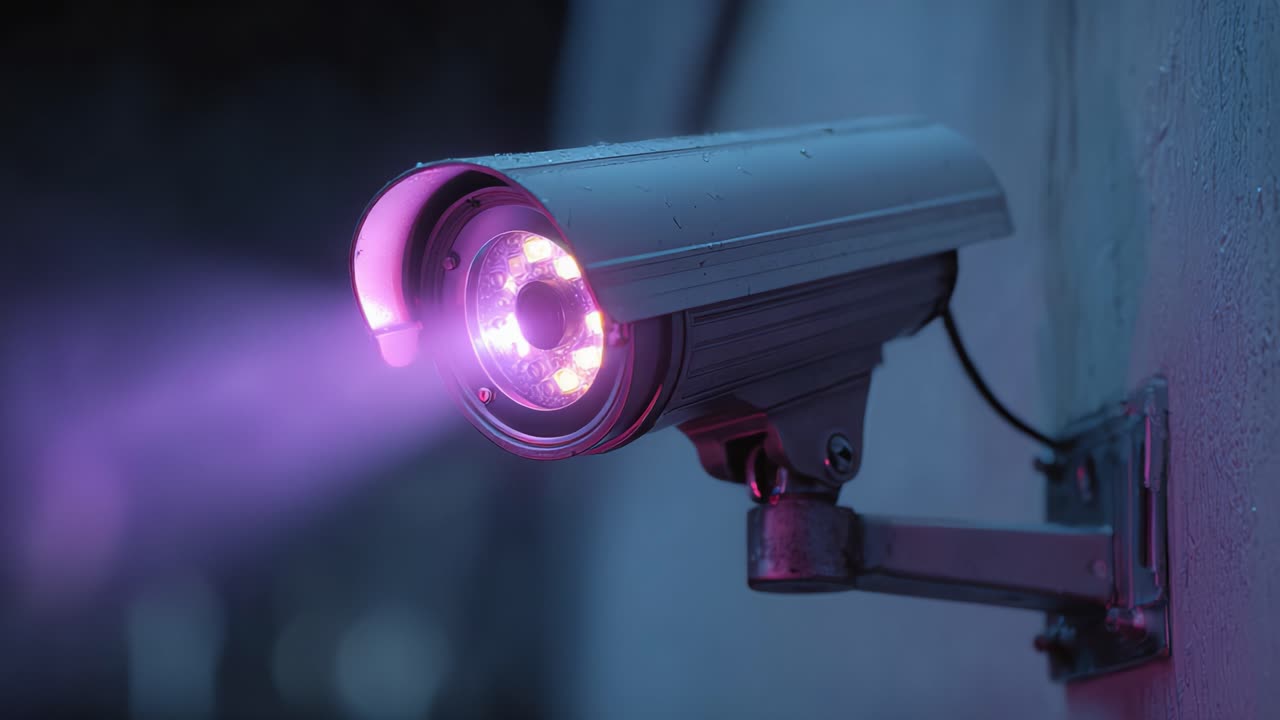A High-Tech Surveillance Camera Emits a Vibrant Purple Light While Fixed on a Wall, Capturing the Essence of Modern Security Technology and Its Vigilant Watchfulness