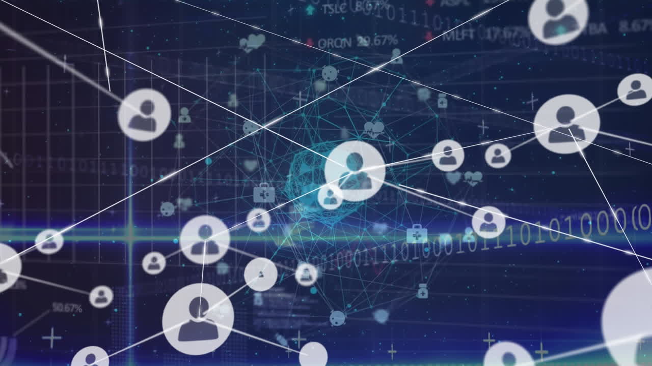 프로파일 아이콘 네트워크와 디지털 아이콘의 세계를 데이터 처리 및 라이트 스으로 애니메이션합니다.