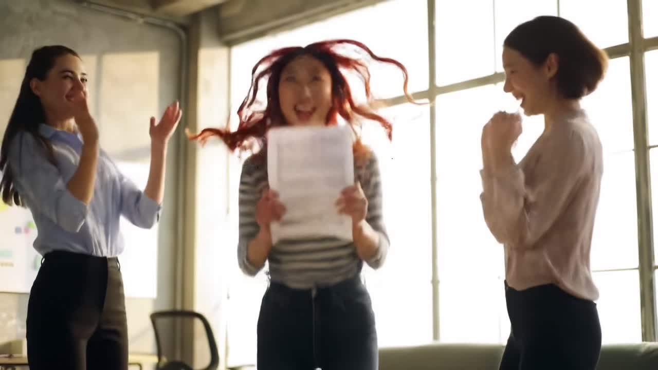 A group of three colleagues expresses delight as one holds a document, showcasing a successful milestone in a sunny office space. Laughter and cheers fill the air in this vibrant setting.