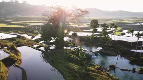 Atemberaubende-Landschaft-Mit-Weekacura-Wasserfällen-Und-Reisfeldern-Bei-Sonnenaufgang-Auf-Der-Insel-Sumba,-Sonnenaufgang