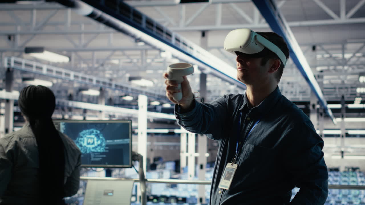 Data Center Employee Check Ai Dashboard Using Vr Headset During Systems Review