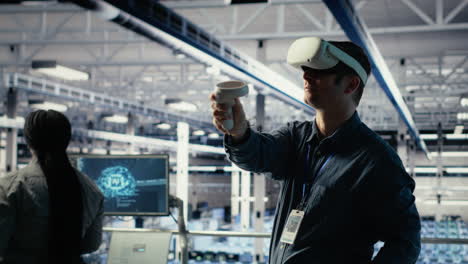 data center employee check ai dashboard using vr headset during systems review