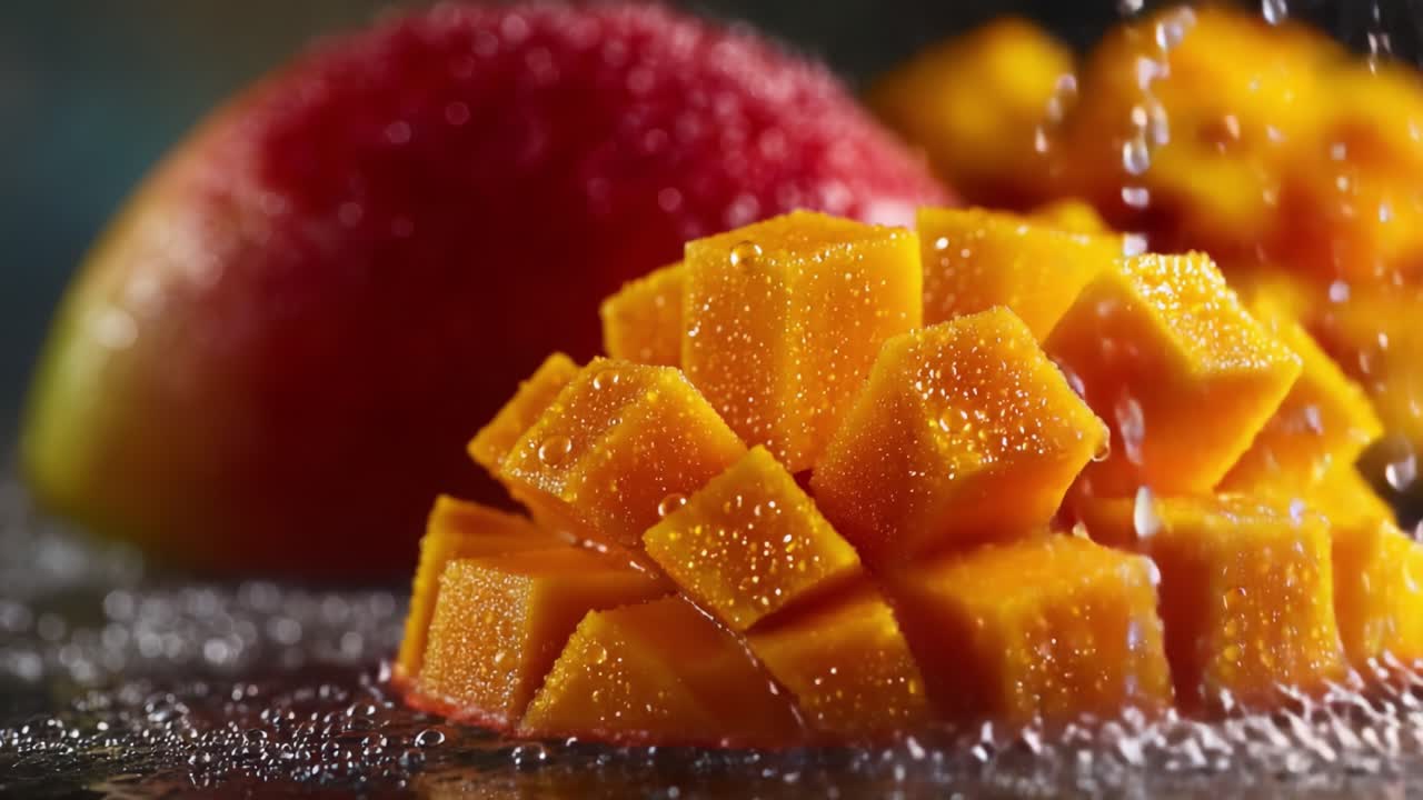 Primo piano vibrante di mango e mela: uno sguardo rinfrescante a frutti succosi con goccioline d'acqua che creano un'esperienza visiva invitante e deliziosa.