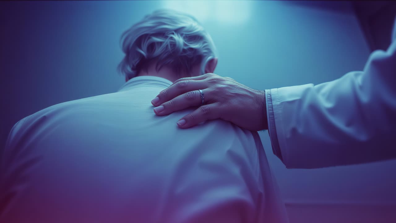 Reaching nurse-coat placing ringed hand on Senior's right shoulder at clinic by lit panel, soothing