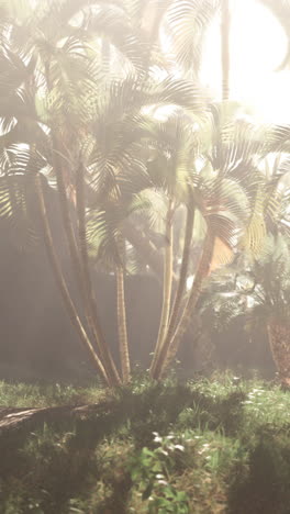 A beautiful, lush tropical rainforest with tall palm trees and bright sunlight shining through the fog.