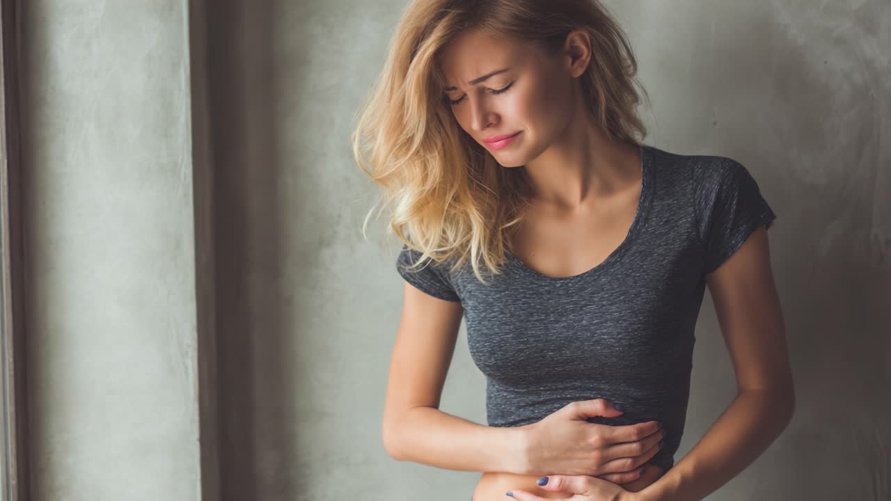 Una giovane donna prova disagio, riflettendo turbamento emotivo e malessere fisico in un ambiente interno minimalista