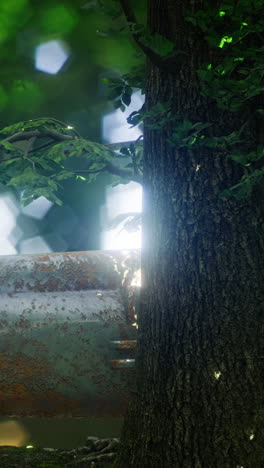 helicopter partially concealed by foliage illuminates a serene forest setting