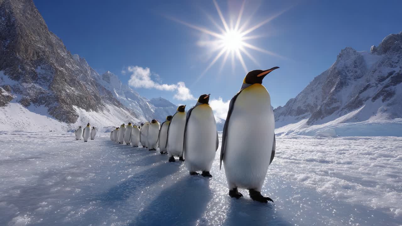 A Magnificent Line of Emperor Penguins Walks Across the Icy Landscape Under a Brilliant Sun, Showcasing Their Unique Black and White Plumage Against the Glacial Backdrop