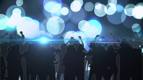 Digital-animation-of-blue-spots-of-light-against-silhouette-of-people-dancing