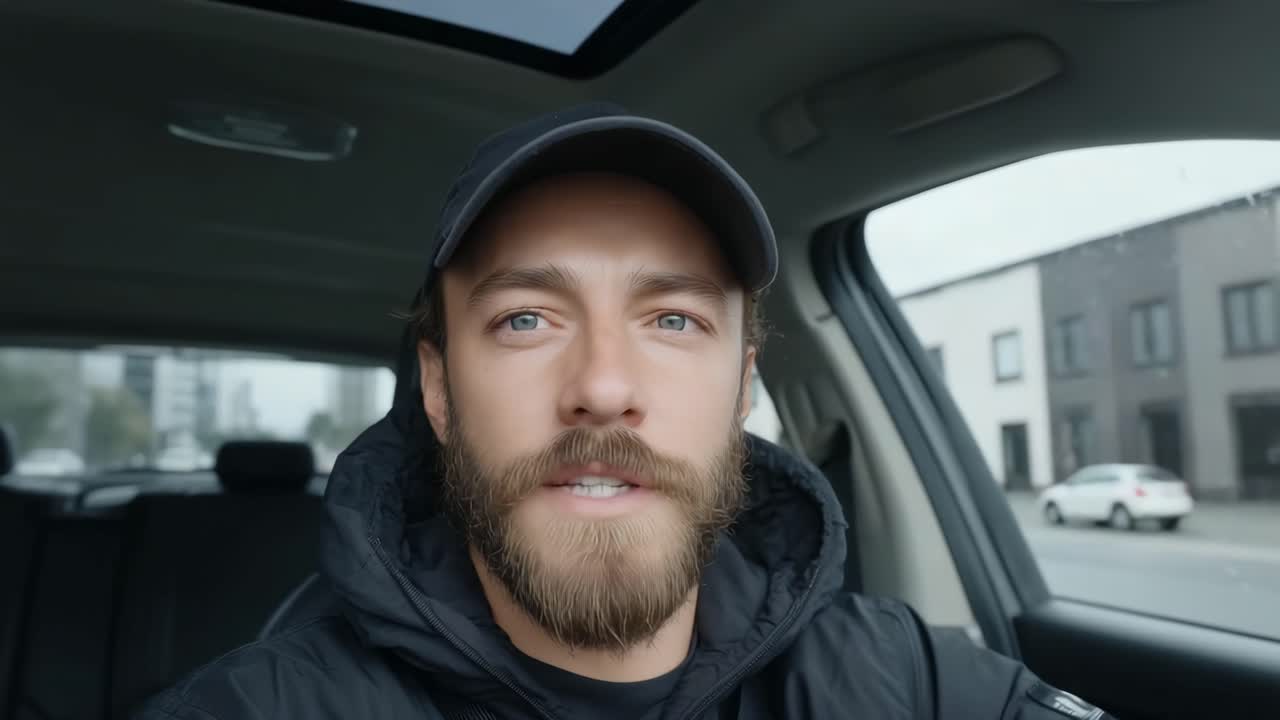 Man with beard driving car