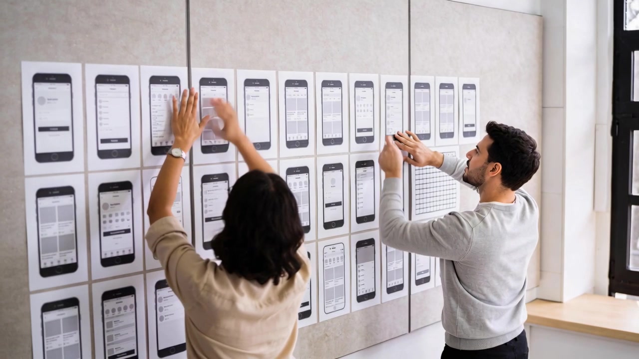 Meeting starting, woman in beige and man in gray sweater arranging mockups on pinboard for review