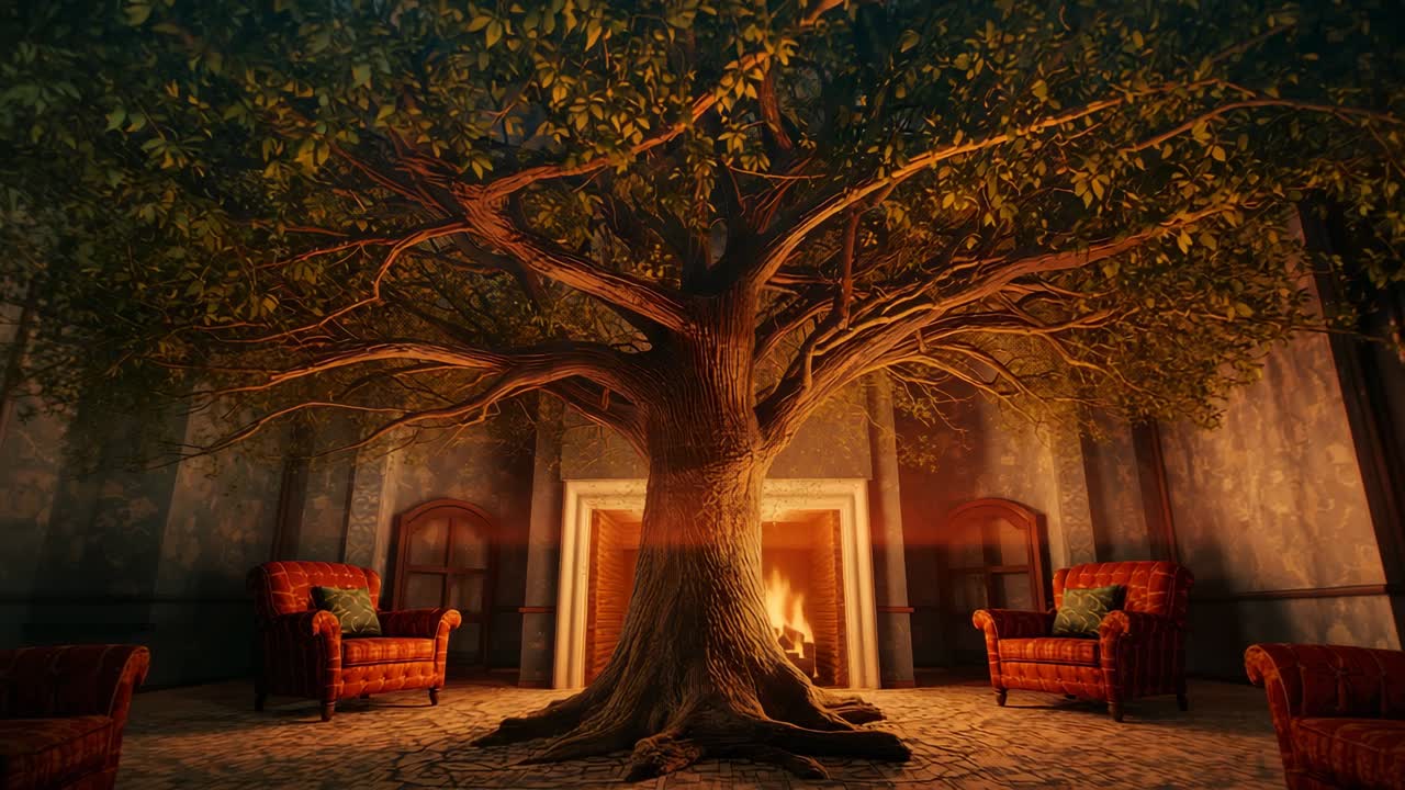 Flickering flames dancing and warming living room around broadleaf tree, with armchairs