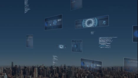 Animation-of-round-scanners-and-data-processing-against-aerial-view-of-cityscape