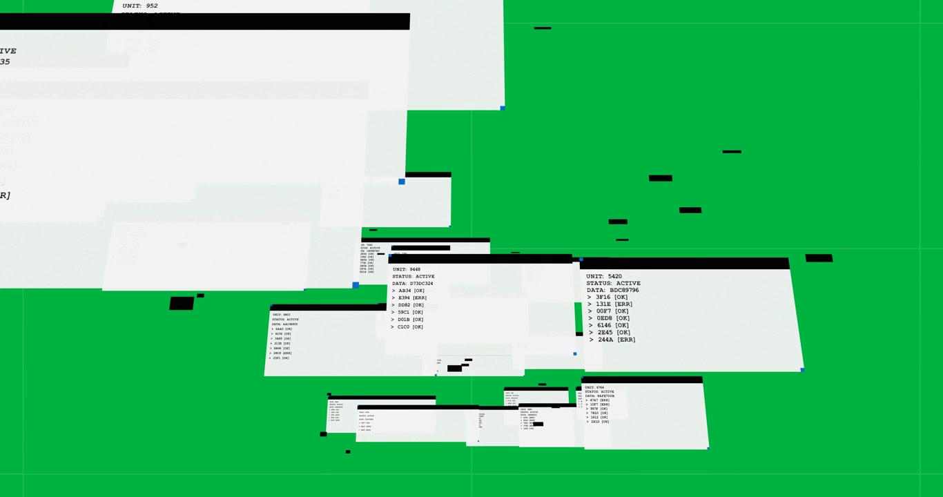 Pale-gray UI panels appearing on load, cascading, forming stacked status lists on transparent plane