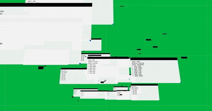 Pale-gray UI panels appearing on load, cascading, forming stacked status lists on transparent plane