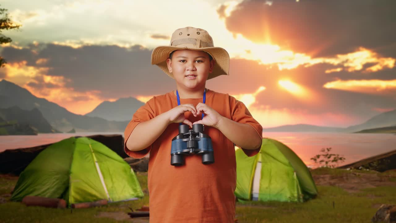 Boy with Binoculars at Camping Site During Sunset