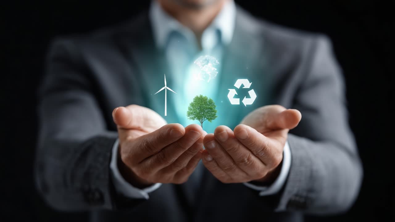 A Business Professional Holding Icons of Sustainability: Wind Energy, Recycling, and a Green Tree Representing a Commitment to a Greener Future