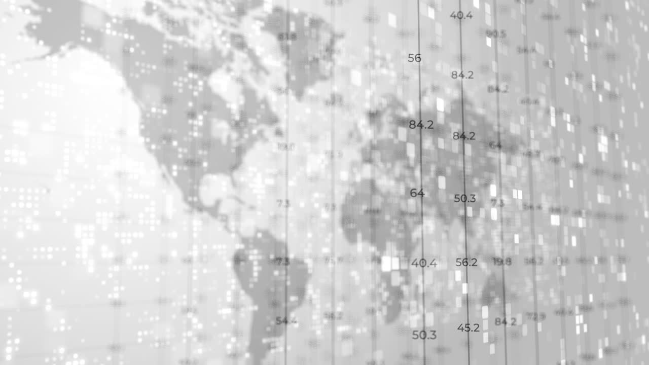 World map with financial chart concept. Blinking pixels and dots on the screen. Grid of changing numbers and lines. Looped motion graphics. Black and white version.