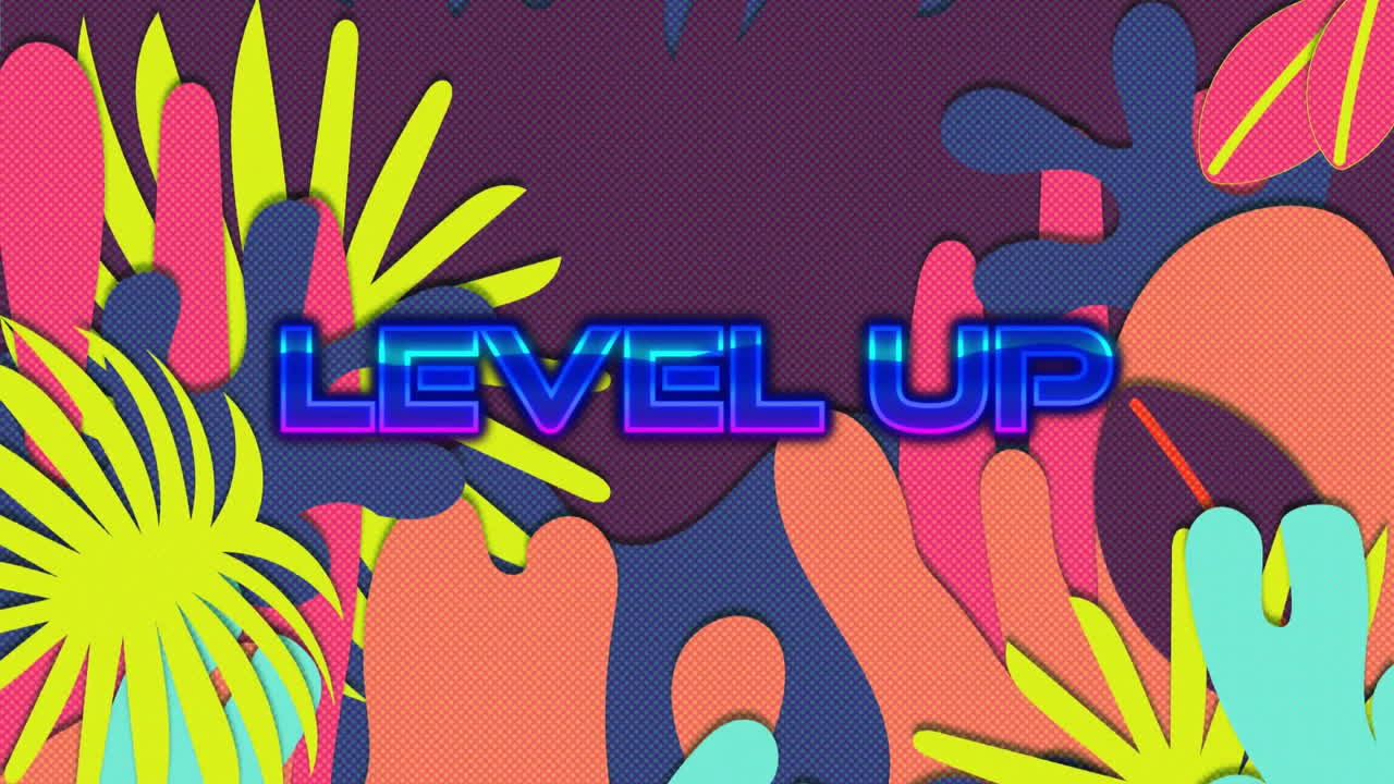 Animation of level up text over vibrant patterned background
