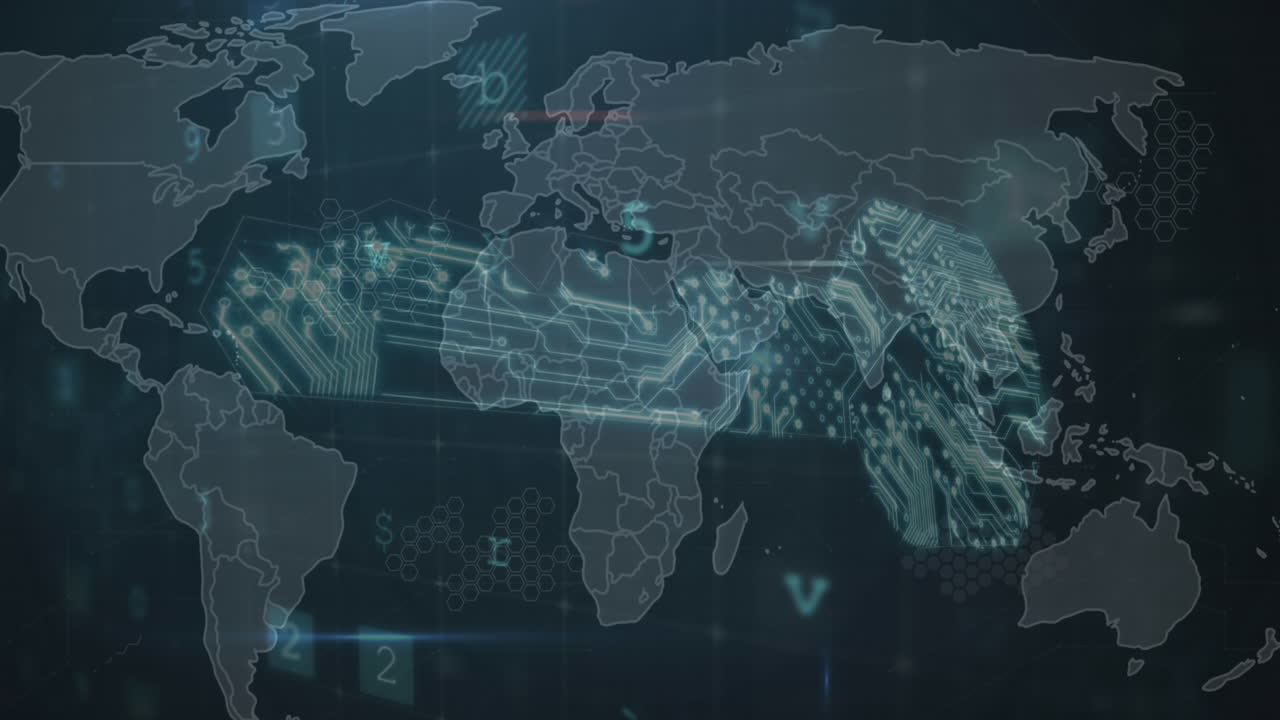 Animation of cyber security data processing over security key icon against world map