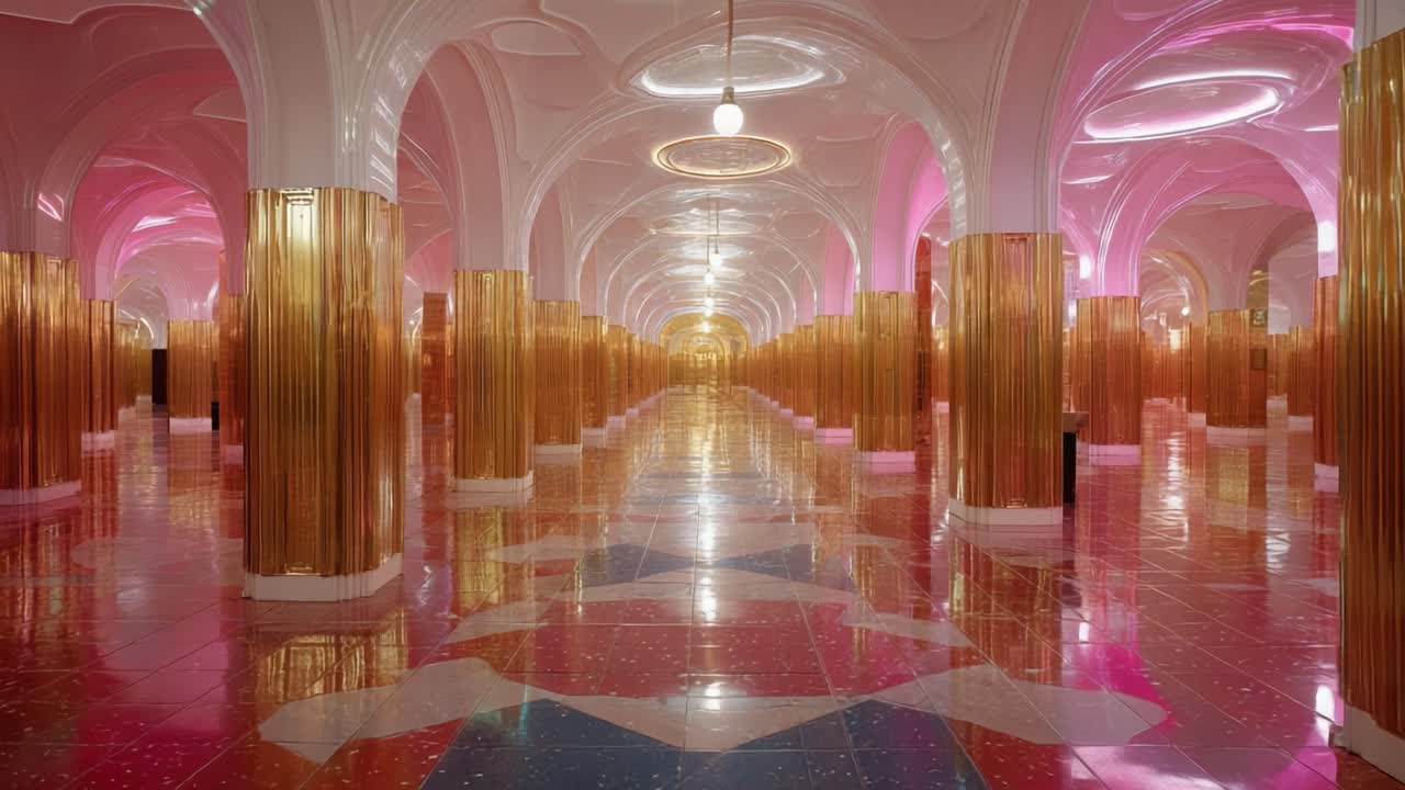 A Stunning Visual of a Luxurious Hallway Featuring Grand Golden Columns and Vibrant Pink Lighting, Creating an Enchanting Ambiance of Opulence and Elegance