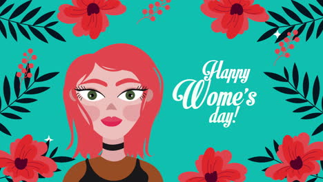happy womens day card with cute woman and flowers
