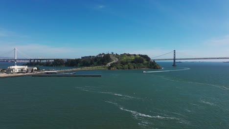 drone aerial shot of yerba buena island outside of san francisco, california