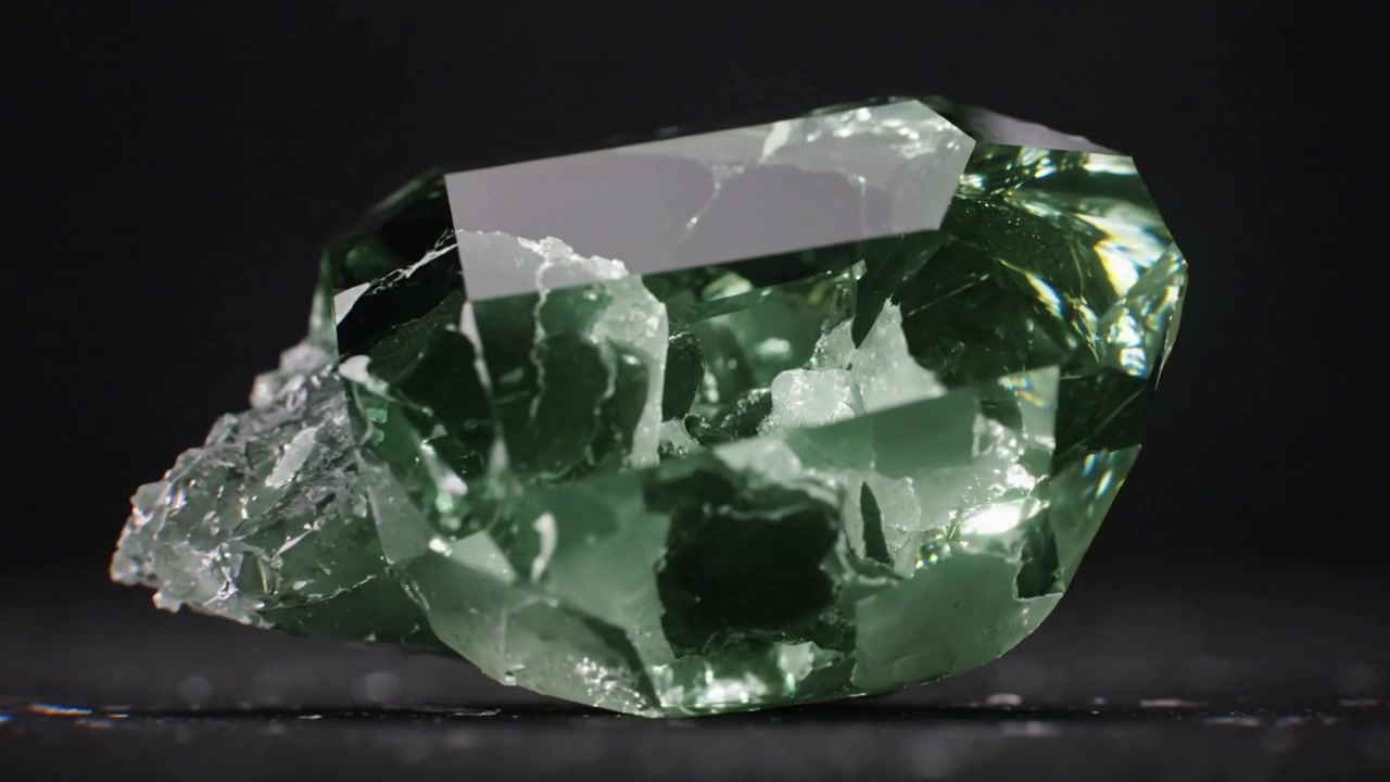 Moving camera revealing rough green gem on studio tabletop, showing internal facets and prism flare