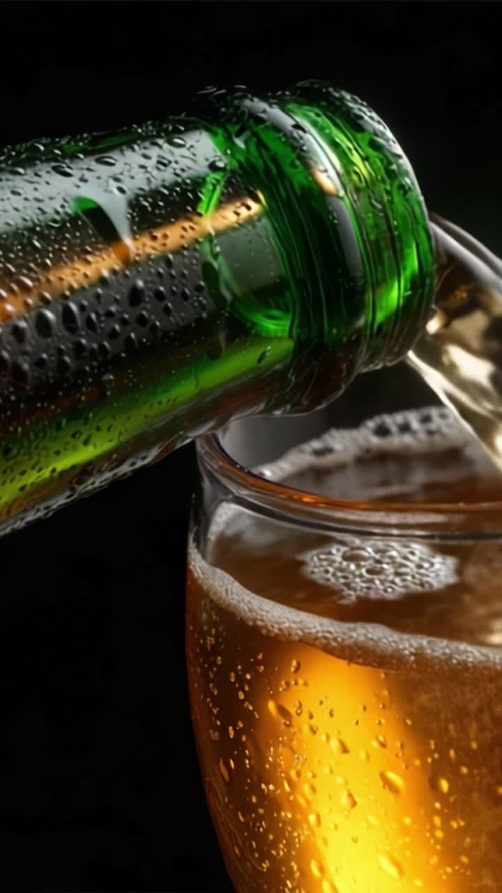 Versamento di bevanda rinfrescante: un primo piano di liquido dorato versato da una bottiglia verde in un bicchiere con bollicine ed effervescenza catturate perfettamente