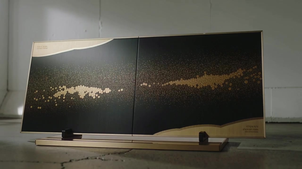 Moving camera revealing twin display in studio, showcasing gold dots on gold base and black blocks