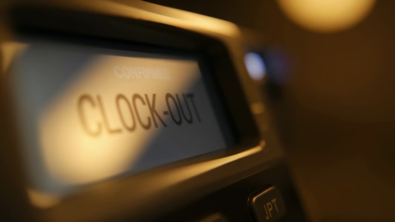 Et digitalt tidsur på en arbejdsplads' stempelurstation, der viser "CLOCK-OUT", en JPT-knap og et blåt LED-lys.