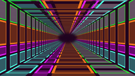 Moviéndose-A-Través-De-Un-Túnel-Rectangular-Iluminado-Con-Luces-De-Neón.