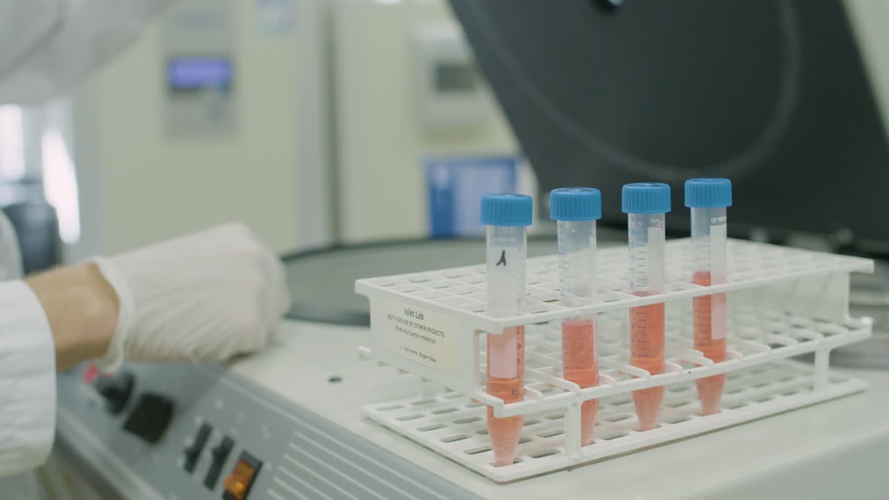 Close-up of a gloved hand placing test tubes with orange liquid into a laboratory rack