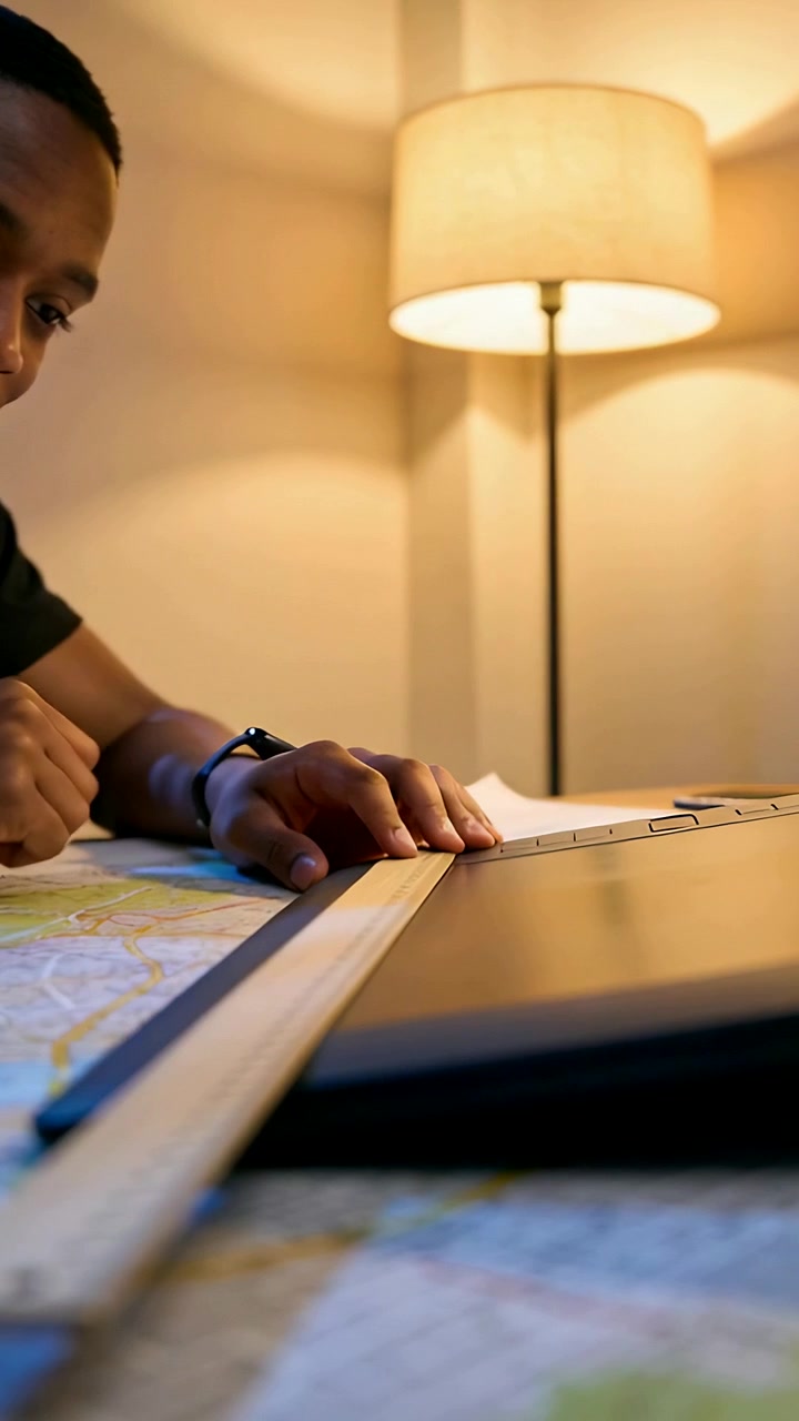 Vertical video: Leaning man tapping black unit at home aligning ruler on map to measure, copy space