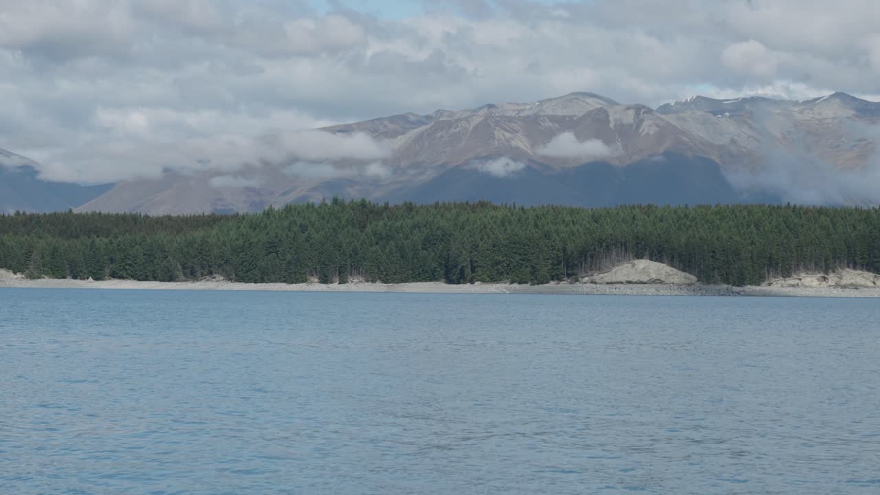 Blue lake, forest and mountains on a summer day at Lake Pukaki, New Zealand.