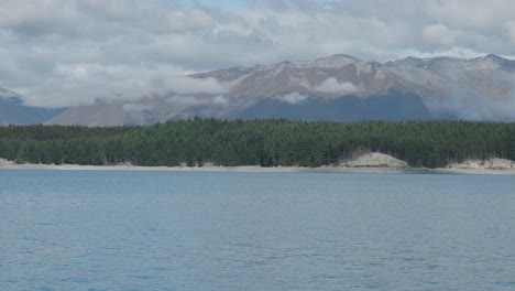 blue lake, forest and mountains on a summer day at lake pukaki, new zealand.